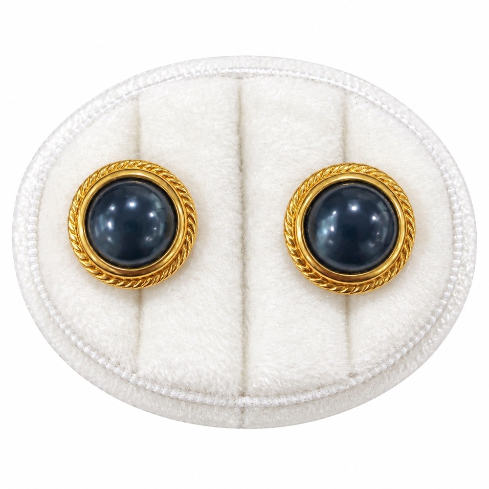 Vtg Black Cabochon Stud Earrings Womens Gold Tone Round Rope Border Pierced